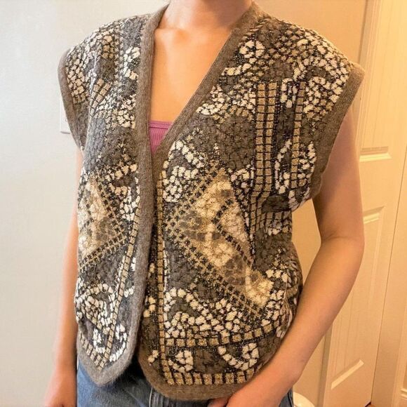 Vintage Made in France Mosaic Wool Vest Brown - Picture 7 of 13